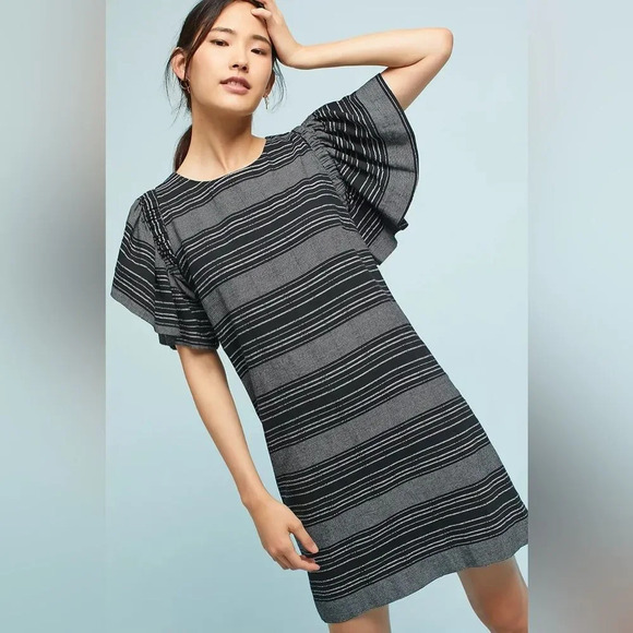 MOON RIVER by ANTHROPOLOGIE NWOT Denmark Striped Tunic Dress in Black Noir - Picture 1 of 10